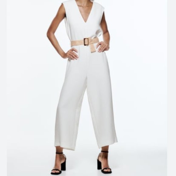 ZARA WHITE CREPE RUSTIC NATURAL BELTED V NECK SLEEVELESS JUMPSUIT - Picture 3 of 5